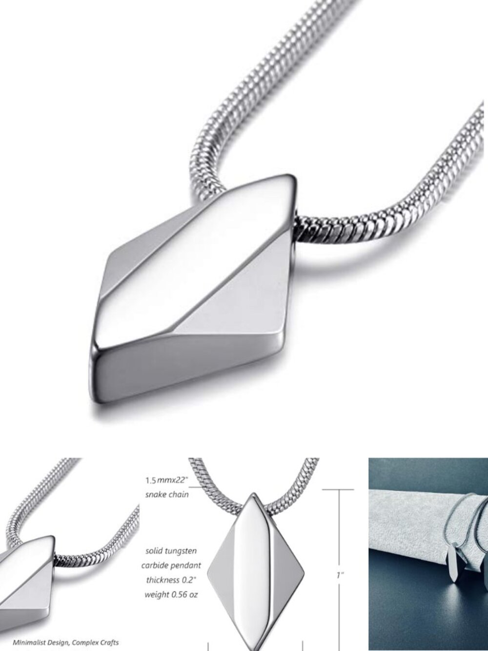 Tungsten Carbide Geometric Pendant Necklace 22" Stainless Steel Snake Chain